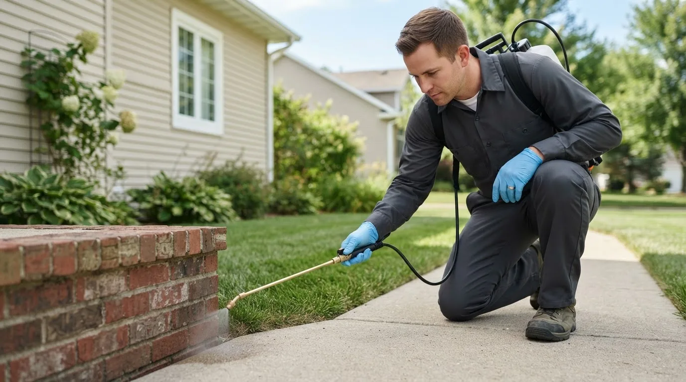 Pest control technician treating a home near Verden, OK